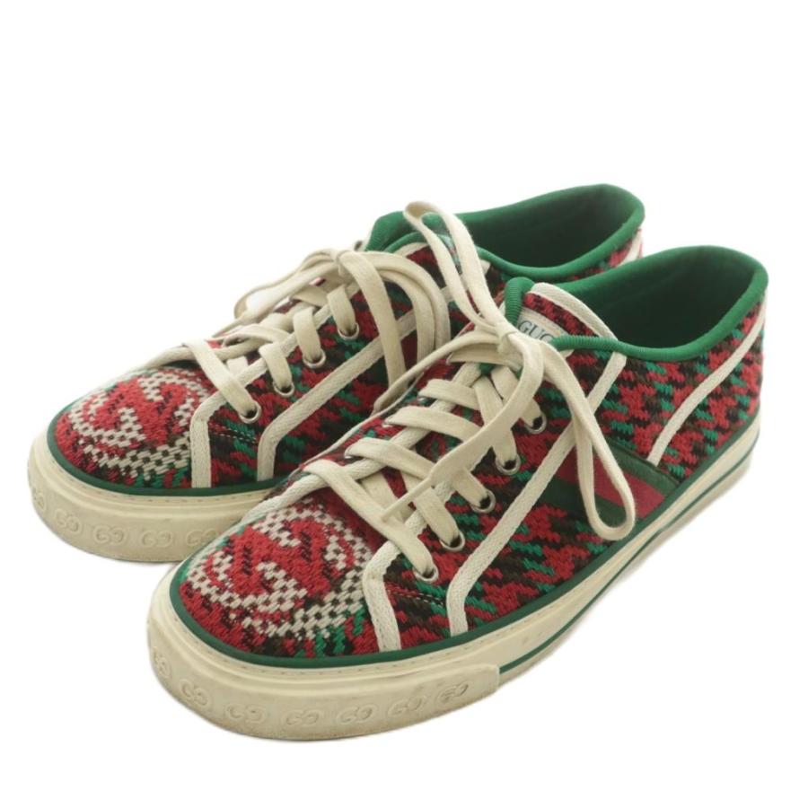 【中古】グッチ GUCCI TENNIS テニス 1977 スニーカー キャンバス ローカット 千鳥格子 シェリーライン 総柄 GG 赤 緑 GUCCI（グッチ） GUCCI TENNIS テニス 1977 スニーカー キャンバス