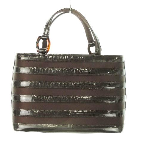 ワコウ WAKO 和光 ハンドバッグ エナメル ナイロン ボーダー 茶  