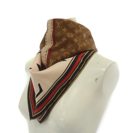 【中古】ルイヴィトン LOUIS VUITTON カレ キープ イット オール スカーフ 絹 シルク 総柄 ロゴ 茶色 ピンク M76414 LOUIS VUITTON（ルイ・ヴィトン） カレ キープ イット オール スカーフ