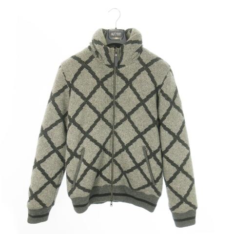 【中古】ARMANI JEANS AJ ニットブルゾン 中綿 スタンドカラー ダブルジップ 総柄 フード収納 ハンガー付 XL グレー アルマーニ ジーンズ ARMANI JEANS AJ ニットブルゾン 中綿 スタンド