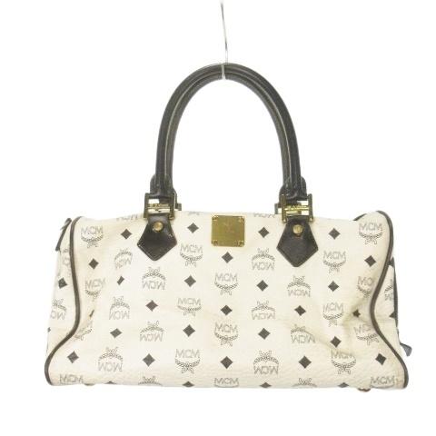 【中古】エムシーエム MCM ボストンバッグ ハンドバッグ レザー ロゴ 総柄 白 ホワイト /MN14 ■GY18 レディース エムシーエム MCM ボストンバッグ ハンドバッグ レザー ロゴ 総柄 白