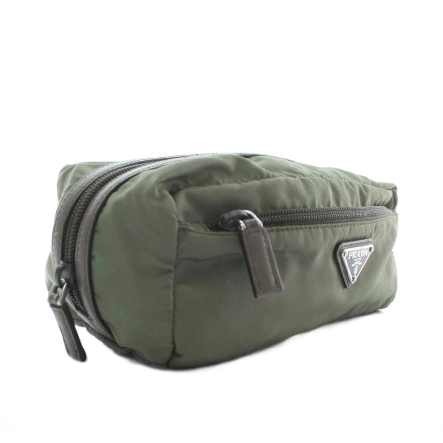 PRADA メイクポーチ ダークグリーン カーキ PRADA（プラダ） ポーチ 化粧ポーチ ナイロン トライアングルロゴ