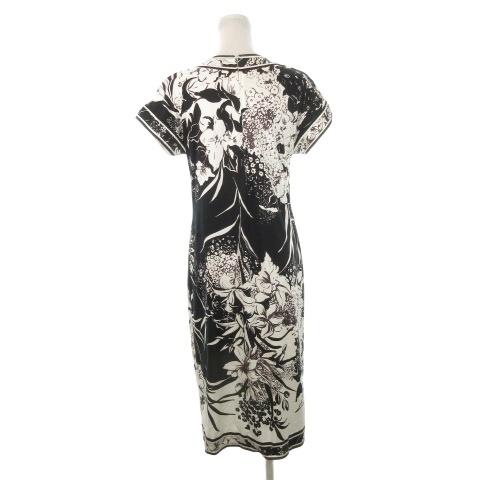 【中古】レオナール LEONARD ワンピース ひざ丈 ミモレ ロング 半袖 スクエアネック 花柄 総柄 コットン L 黒 LEONARD（レオナール） ワンピース ひざ丈 ミモレ ロング 半袖