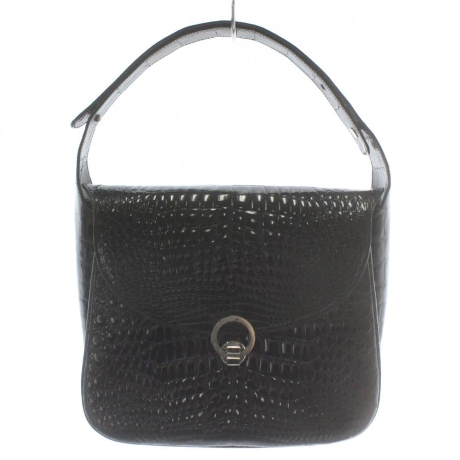 ノーブランド ハンドバッグ シャイニークロコ レザー シルバー金具 黒