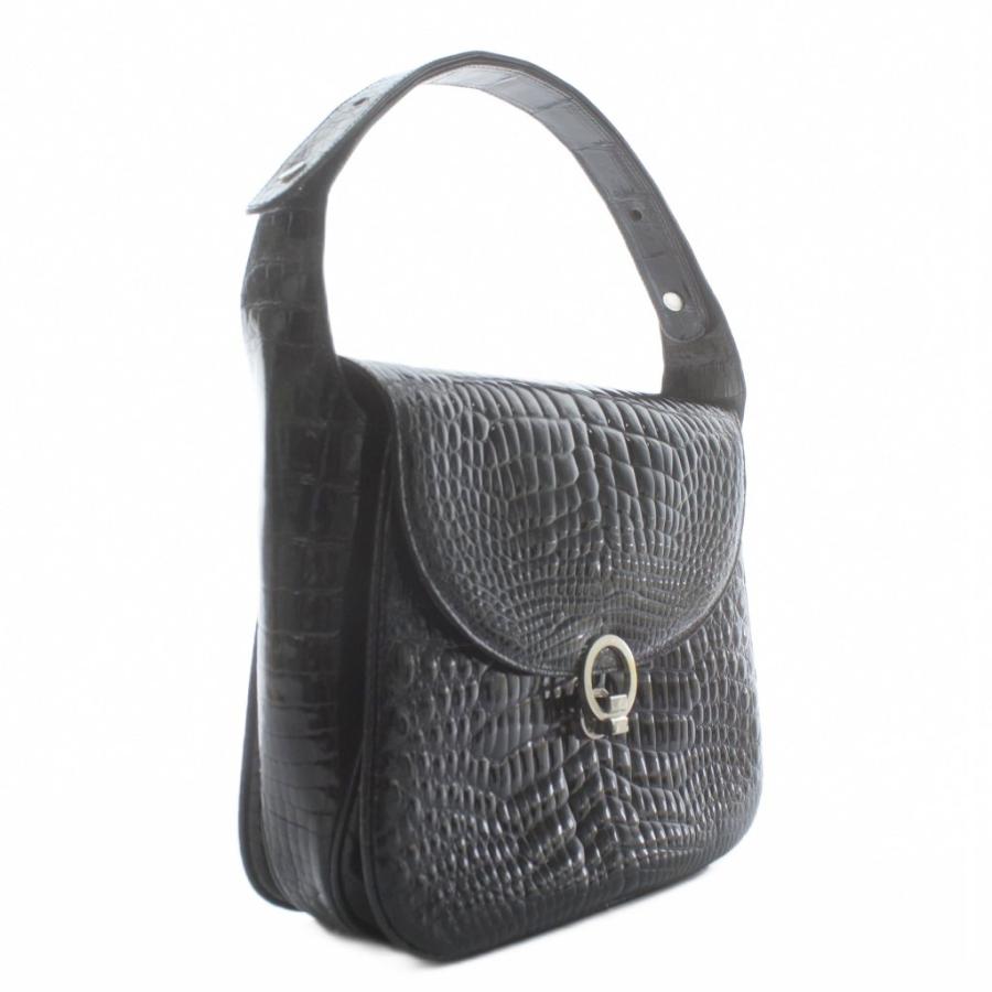 ノーブランド ハンドバッグ シャイニークロコ レザー シルバー金具 黒