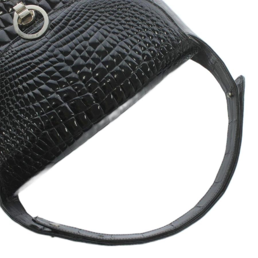 ノーブランド ハンドバッグ シャイニークロコ レザー シルバー金具 黒