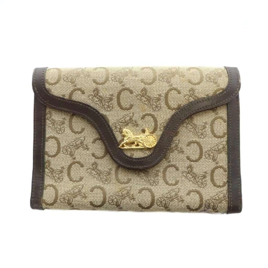 セリーヌ 三つ折り財布 ウォレット キャンバス レザー がま口 茶 ブラウン 黒 CELINE - セリーヌ 三つ折り財布 ウォレット キャンバス レザー がま口