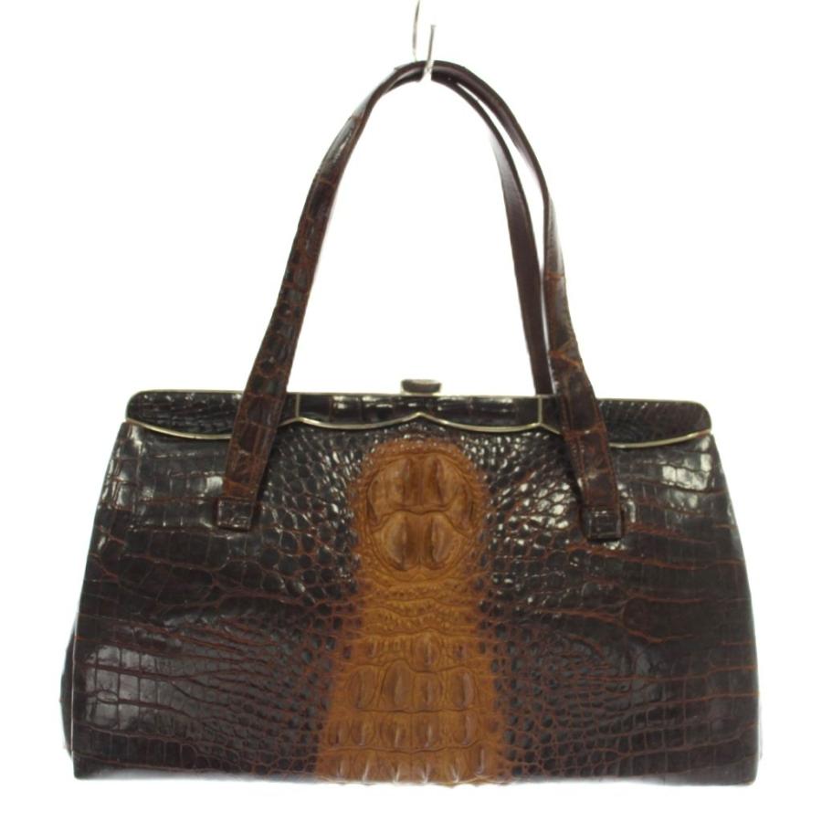 ノーブランド ハンドバッグ クロコダイル ワニ革 レザー がま口 茶色