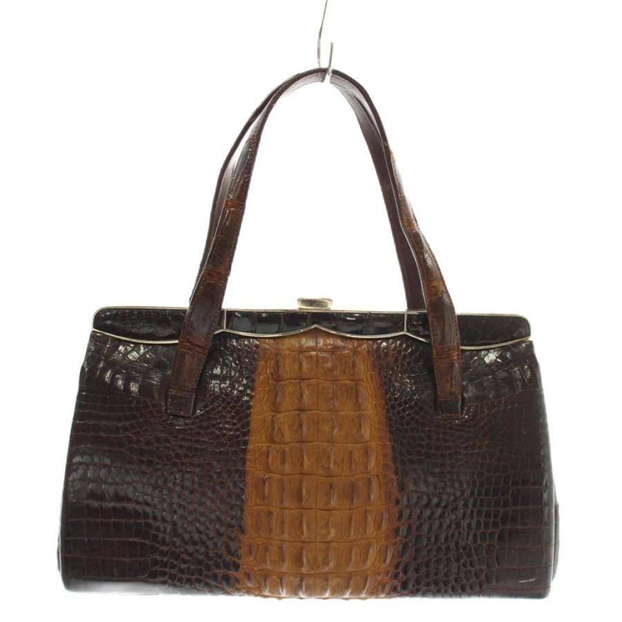 ノーブランド ハンドバッグ クロコダイル ワニ革 レザー がま口 茶色