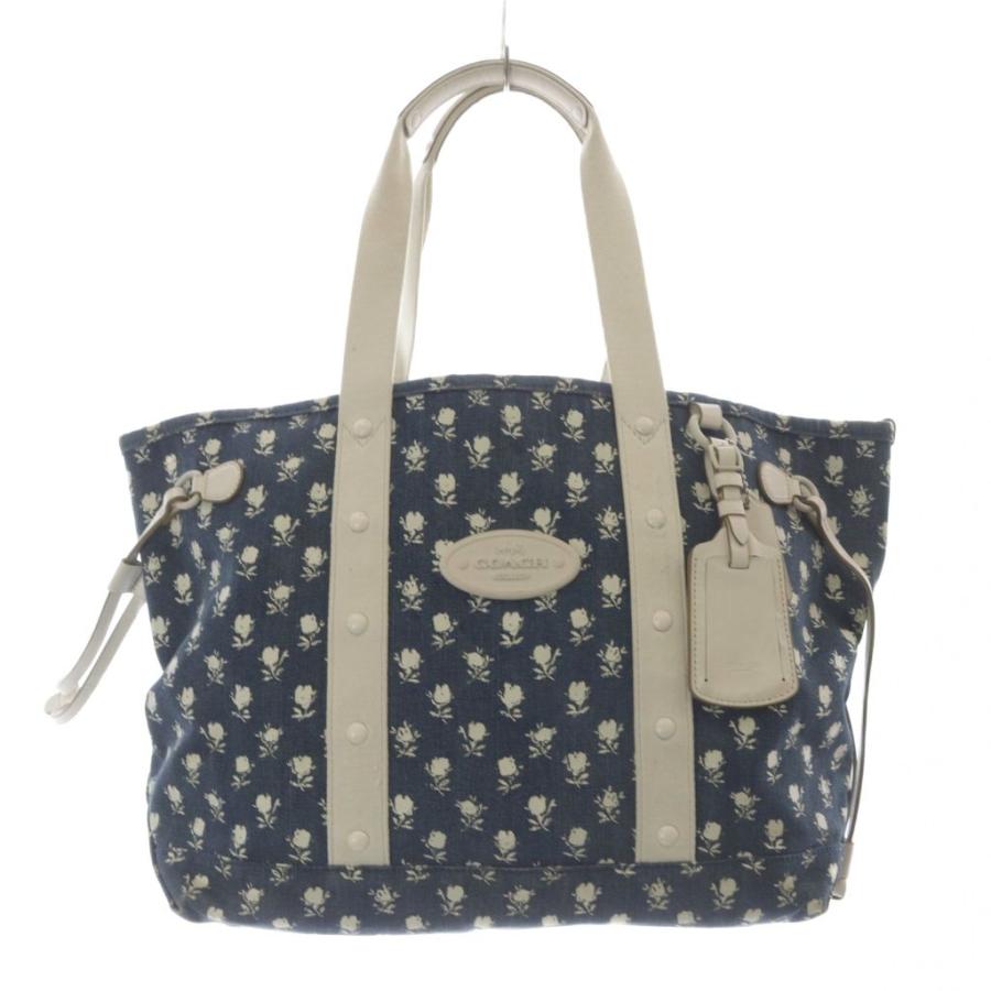 COACH（コーチ） トートバッグ デニム フラワー 総柄 ハンドバッグ 紺