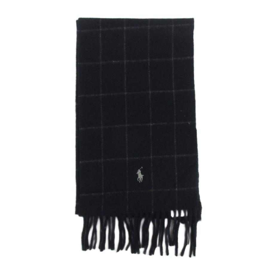 ポロ ラルフローレン マフラー ストール ウール チェック柄 フリンジ ロゴ 紺 未使用品 ポロ ラルフローレン POLO RALPH LAUREN マフラー ストール