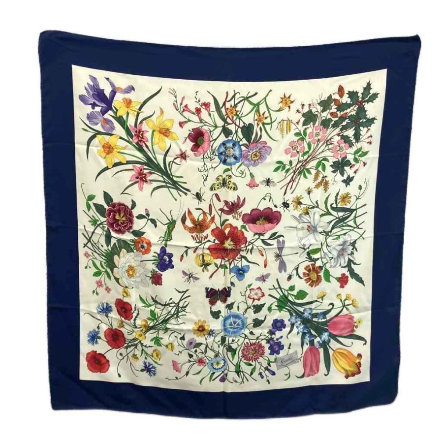 GUCCI（グッチ） スカーフ 大判 絹 シルク 花柄 昆虫 ロゴ 総柄 マルチ