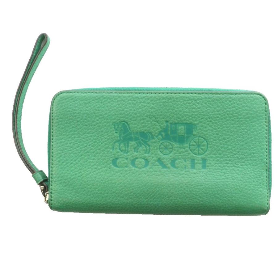 COACH（コーチ） ラウンドファスナーウォレット 長財布 ロゴ レザー 緑