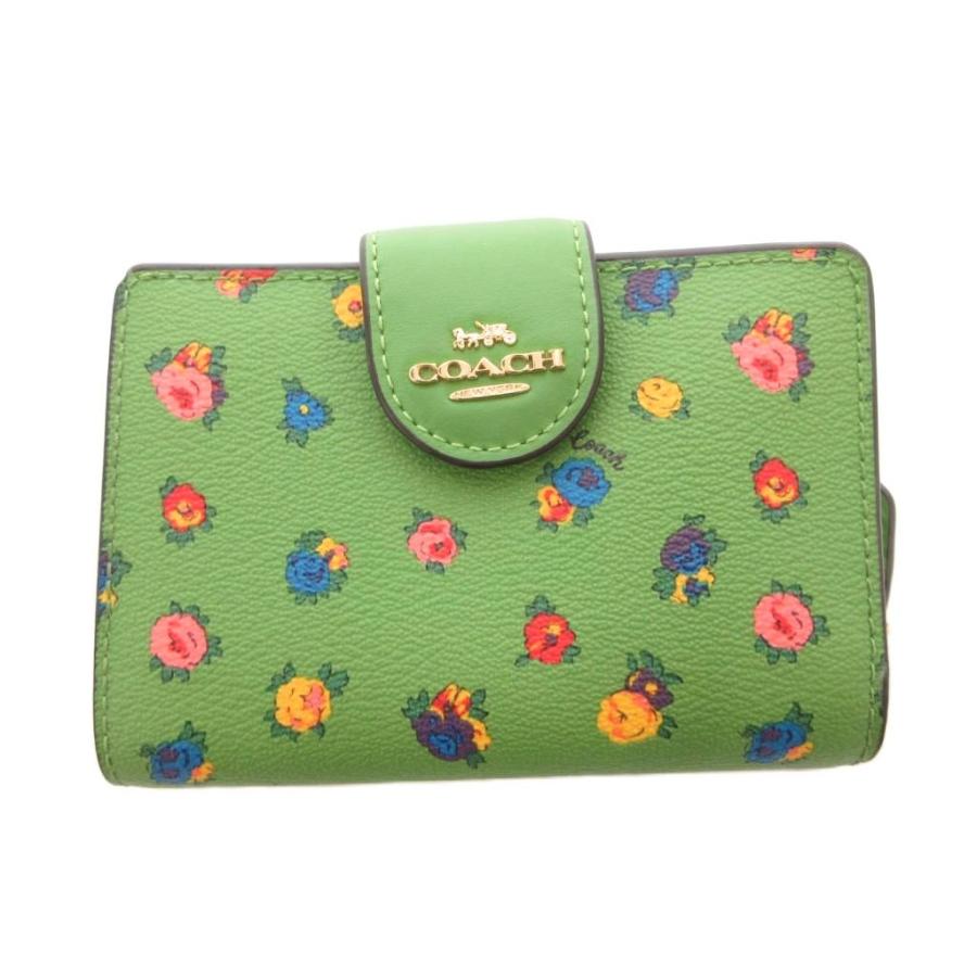 【美品】COACH 花柄 二つ折り財布 グリーン レザー COACH（コーチ） 二つ折り財布 ウォレット 小銭入れあり 花柄 レザー