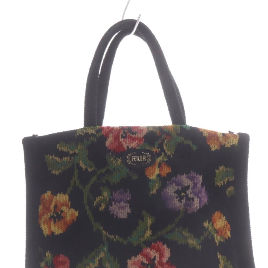 【美品・冊子付】フェイラー FEILER ハンドバッグ 花柄 シュニール織 黒 フェイラー FEILER ハンドバッグ 花柄 シュニール織 ロゴ 黒 ブラック