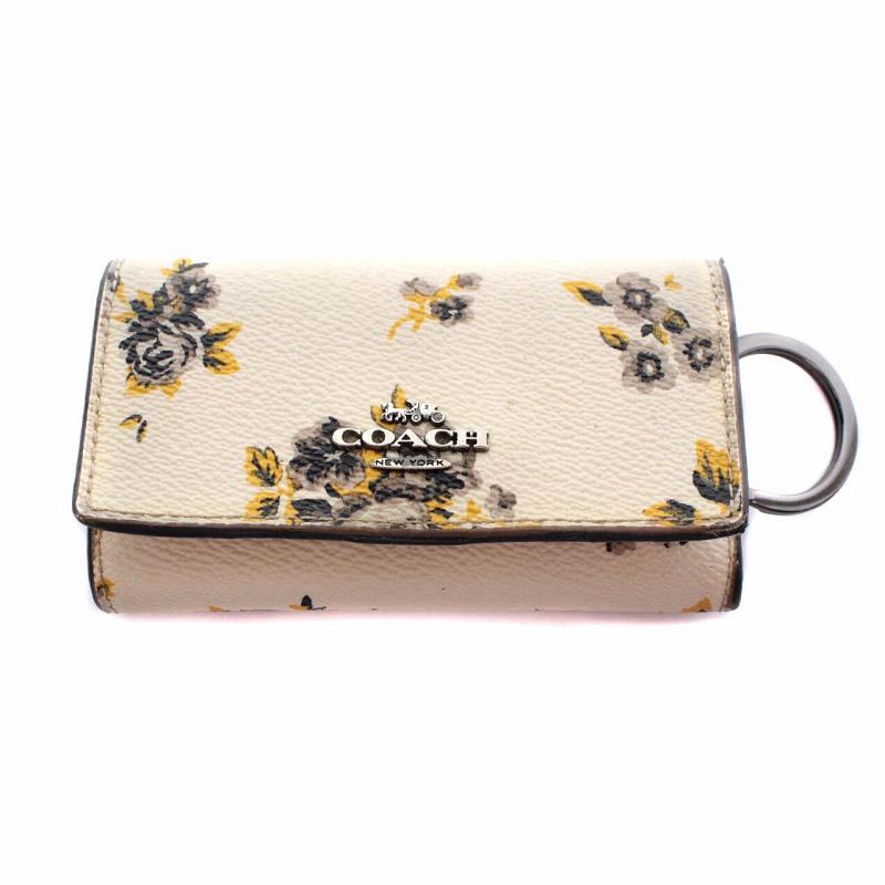 コーチ COACH キーケース 花柄 フラワー レザー アイボリー 黄色