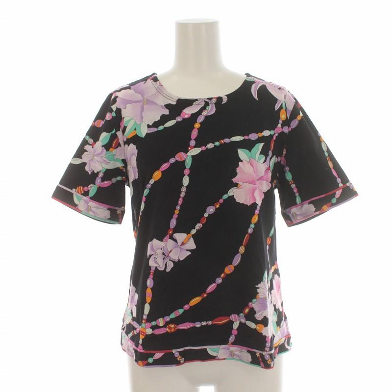 レオナール LEONARD Tシャツ カットソー 半袖 花柄 40 L 黒 ブラック 