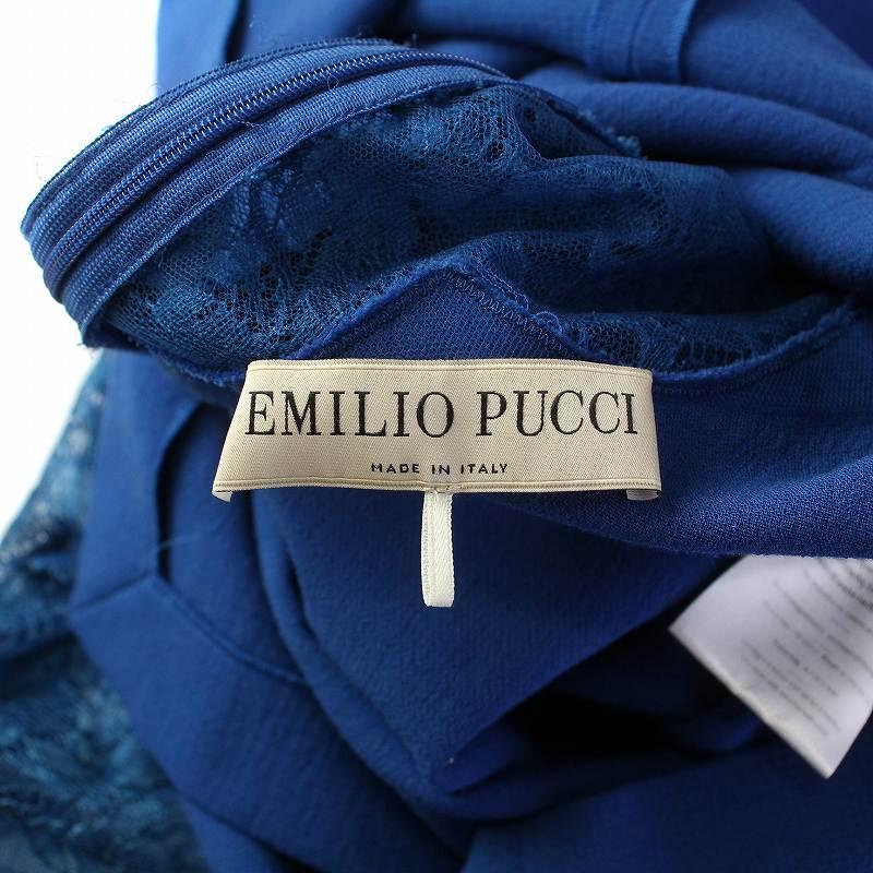 エミリオプッチ EMILIO PUCCI ワンピース ドレス ひざ丈 タイト フレンチスリーブ 花柄 レース スクエアネック 40 S 青 ブルー｜vectorpremium｜04