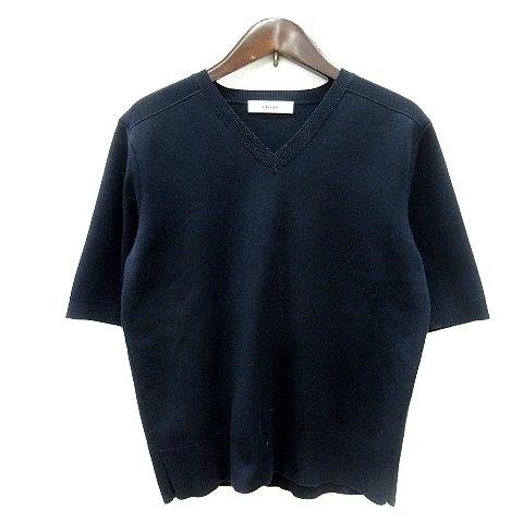 エブール ebure ニット カットソー Vネック 五分袖 リブ 紺 ネイビー  