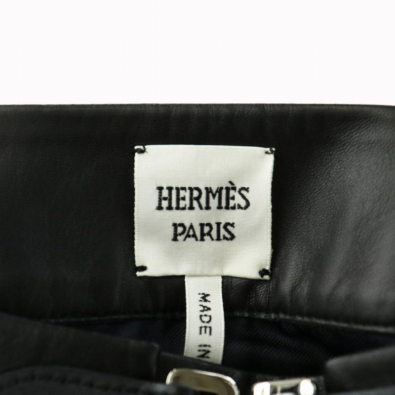 HERMES エルメス タイト スカート ひざ丈 ウール ラムレザー 羊革 切替 