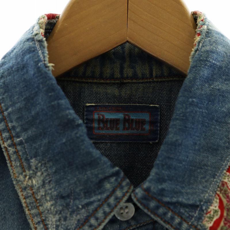 美品 BLUEBLUE リペア 加工 パッチワーク デニム ウエスタンシャツ M デニムパッチワーク7分袖ウエスタンシャツ｜メンズファッション