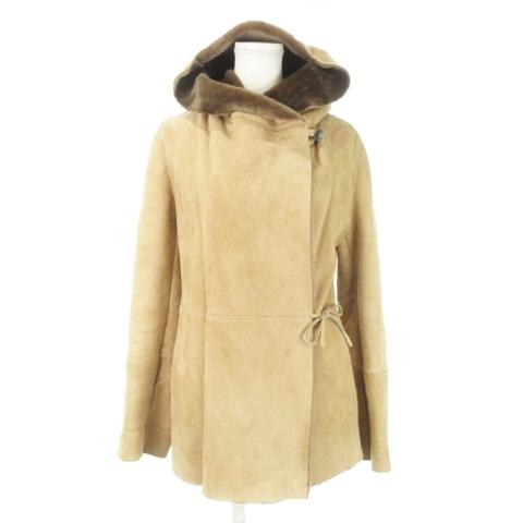 【中古】セオリーリュクス theory luxe ムートンコート スエード 羊革 フーディー ミドル丈 38 M 茶 ブラウン /AH3 theory luxe（セオリーリュクス） ムートンコート スエード 羊革