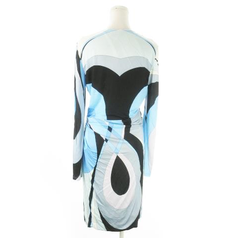 【中古】エミリオプッチ カシュクールワンピース ミモレ 長袖 ストレッチ とろみ ギャザー プッチ柄 総柄 44 M 青 エミリオプッチ EMILIO PUCCI カシュクールワンピース ミモレ ロング