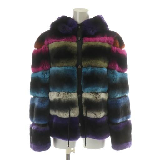 【中古】adagietto ファーコート ハーフ ミドル レザー 皮革 ラビットファー 毛皮 染毛 フード M-L マルチカラー アダージェット adagietto ファーコート ハーフ ミドル レザー 皮革