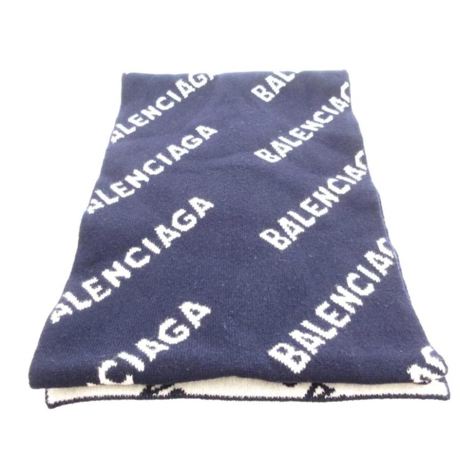 バレンシアガ BALENCIAGA ALLOVER LOGO SCARF 621020 オールオーバー ロゴ ニット マフラー ジャガード 総柄 紺 ネイビー 白 ホワイト_1