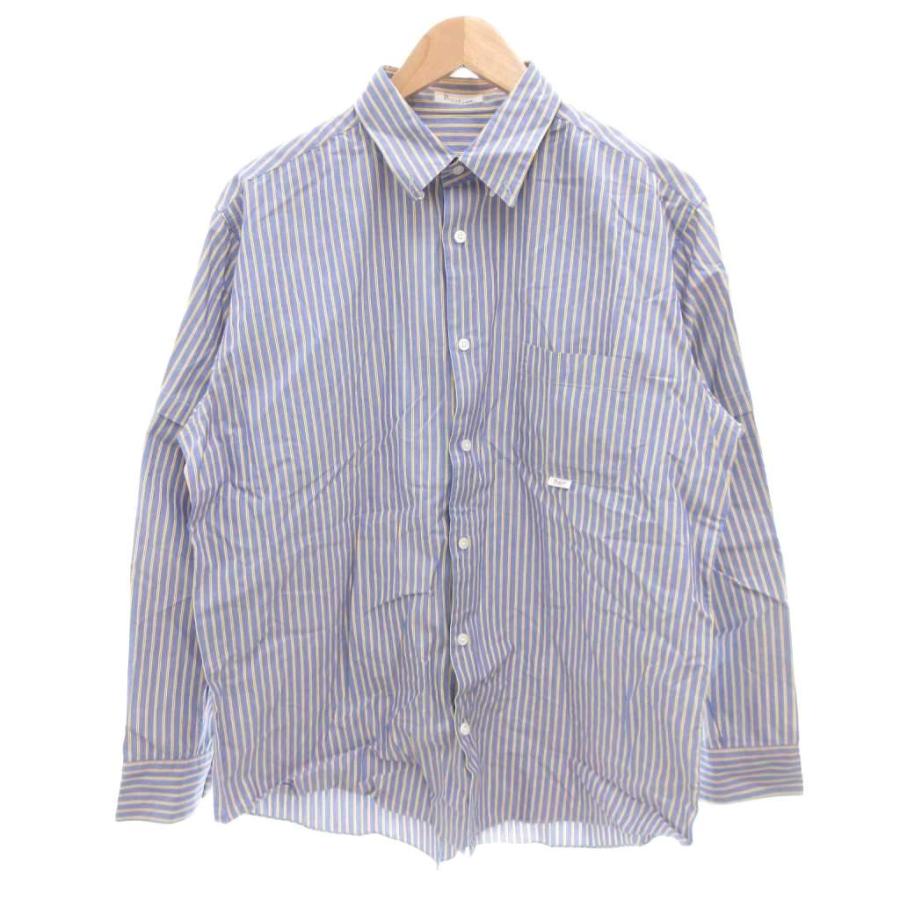 （新品・タグ付き）パパス　コットン　ストライプシャツ パパス Papas 美品 シャツ ストライプ ロゴタグ 長袖 LL 青 ブルー /SJ
