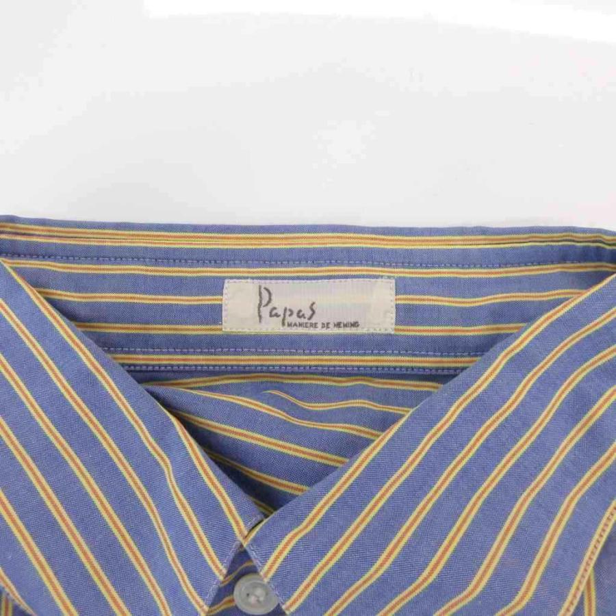 （新品・タグ付き）パパス　コットン　ストライプシャツ パパス Papas 美品 シャツ ストライプ ロゴタグ 長袖 LL 青 ブルー /SJ
