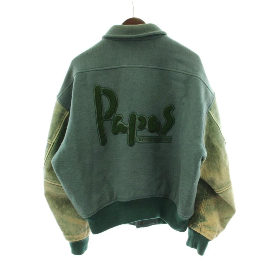 【美品】PAPAS パパス スタジャン 袖革 羊革 ワッペン M パパス Papas スタジアムジャンパー ウール レザー M 緑 グリーン