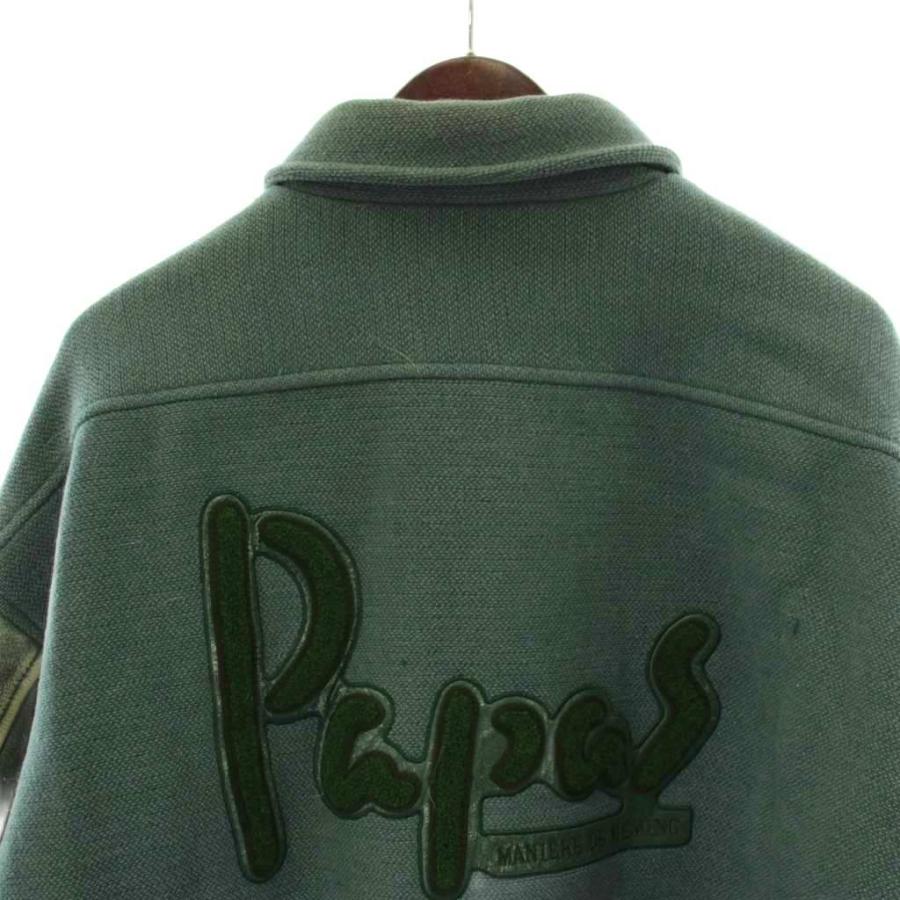 美品 Papas+ パパス プラス ウール ワッペン ニット ジャケット L パパスプラスPapas+ ロゴワッペンバーシティジャケット グレー紺S (K