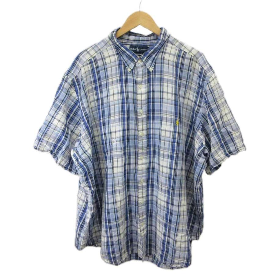 美品✨ラルフローレン 現行タグ リネン　ボタンダウンシャツ Mブルー　チェック POLO RALPH LAUREN（ポロ・ラルフローレン） ラルフローレン RALPH