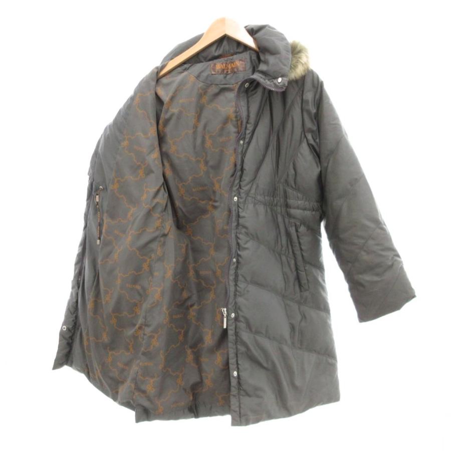 【BALMAIN】 ダウンコート ファー付 裏地総柄 グレーカーキ Lサイズ BALMAIN（バルマン） ダウンコート・L□バルマン/フード取り外し可能