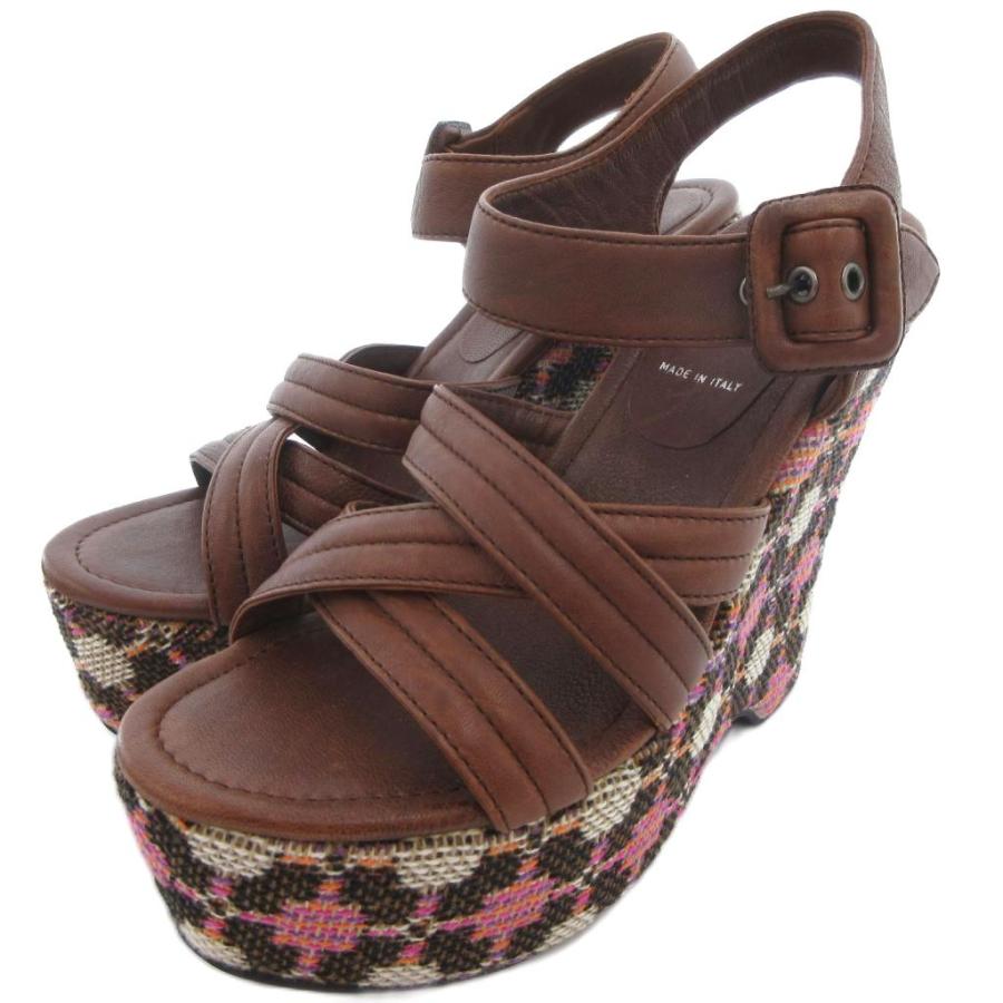 【中古】ミュウミュウ miumiu ウェッジソールサンダル ストラップ 厚底 ツイード 総柄 36 ブラウン /UO レディース miu miu（ミュウミュウ） ウェッジソールサンダル ストラップ 厚底