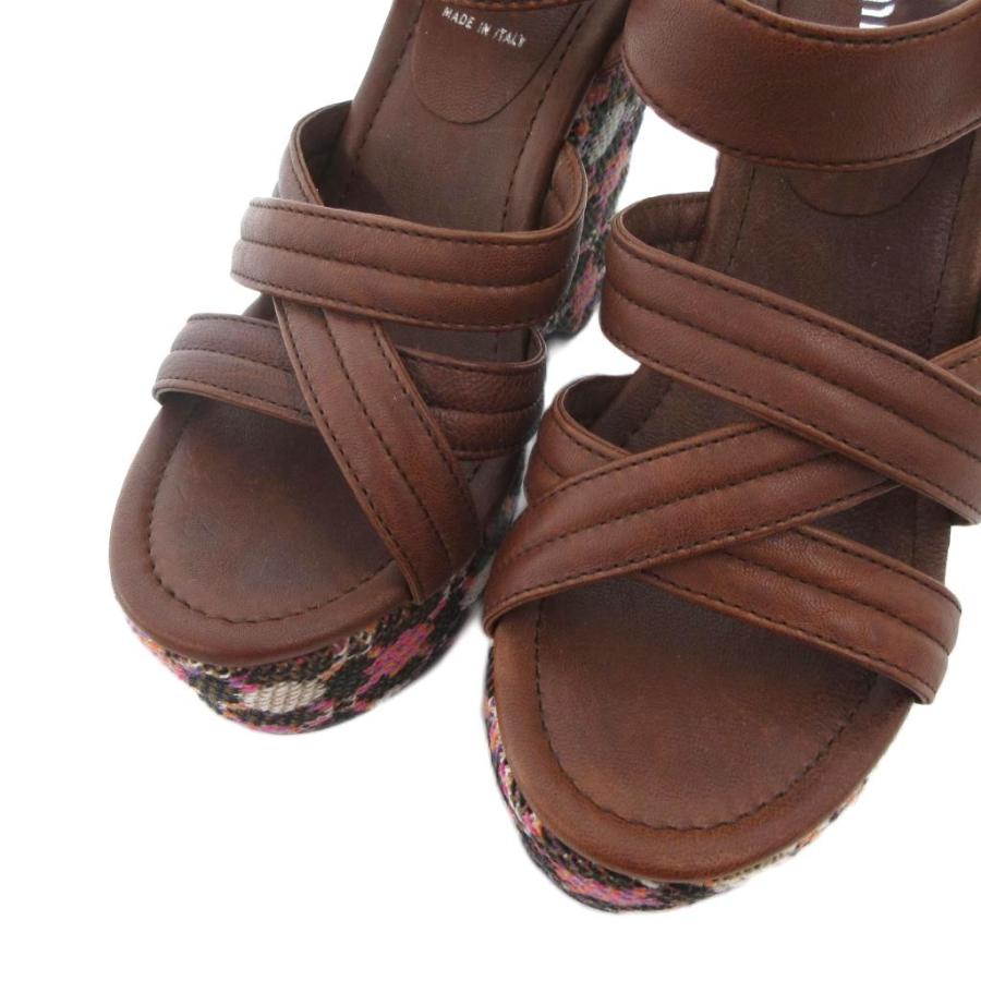 【中古】ミュウミュウ miumiu ウェッジソールサンダル ストラップ 厚底 ツイード 総柄 36 ブラウン /UO レディース miu miu（ミュウミュウ） ウェッジソールサンダル ストラップ 厚底