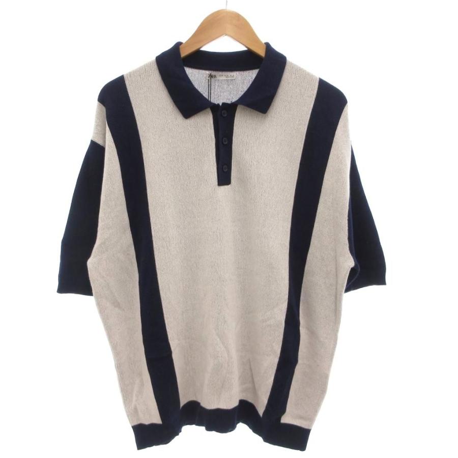 ザラ　オープンニット ポロトップ ZARA（ザラ） 未使用品 タグ付き ニットポロシャツ 半袖 M ストライプ