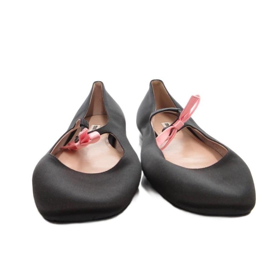 ミュウミュウ miumiu サテンバレリーナ フラットシューズ スクエアトゥ リボン バイカラー 38 1/2 黒 ブラック /FF レディース_3