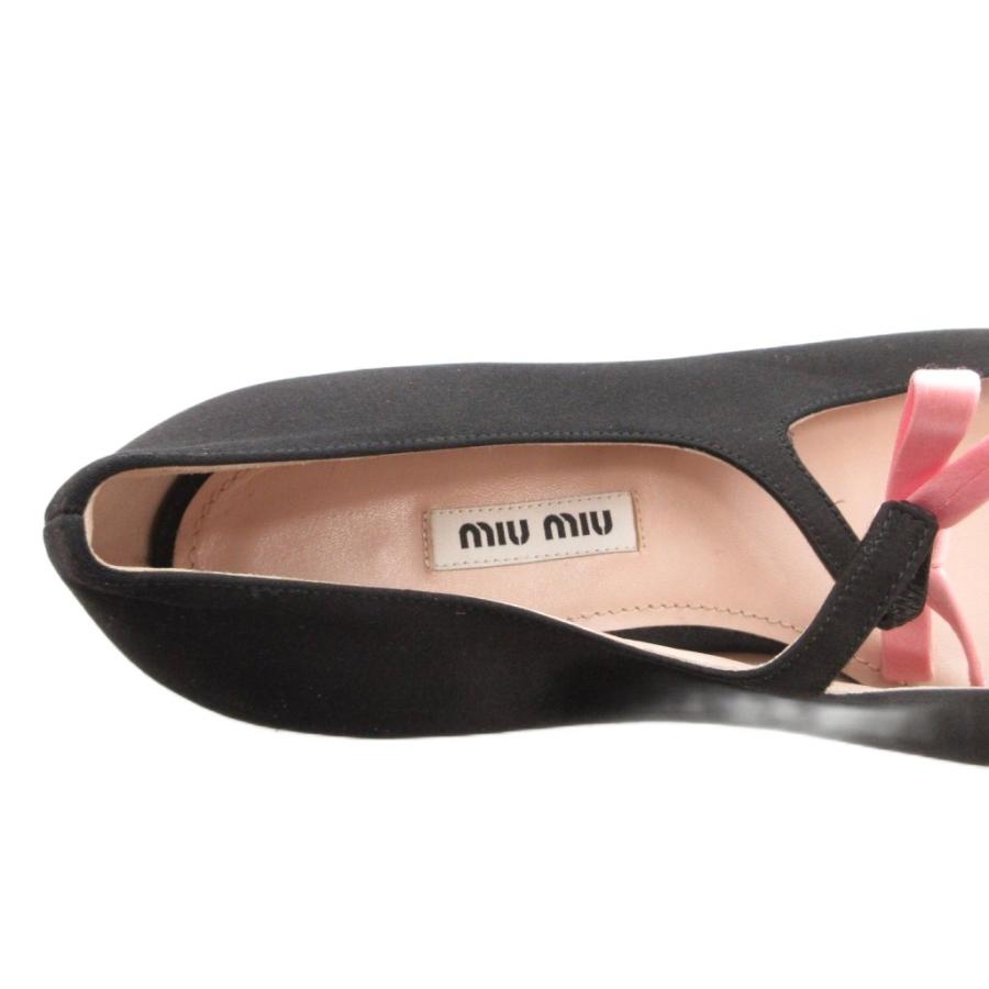 ミュウミュウ miumiu サテンバレリーナ フラットシューズ スクエアトゥ リボン バイカラー 38 1/2 黒 ブラック /FF レディース_6