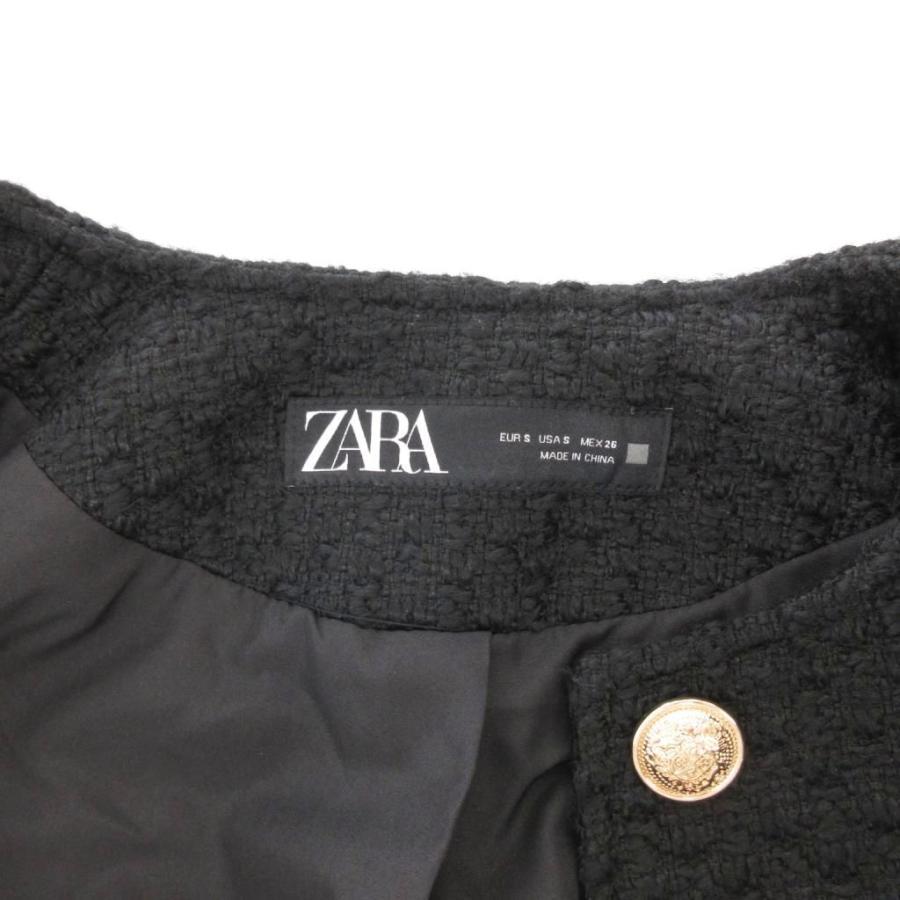 美品　ザラ　ZARA　ツイードノーカラージャケット　金ボタン　Sサイズ　ブラック ZARA（ザラ） ノーカラージャケット ツイード 金ボタン S 黒 ブラック