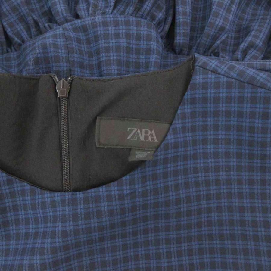 ザラ 25AW フリル付 チェック柄 ショート ワンピース チュニック M 青 ZARA】NEW フリル付きチェック柄ショートワンピース (ZARA/ワンピース