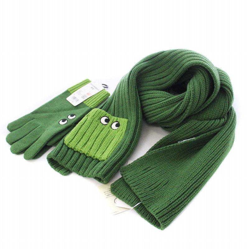 未使用品 ユニクロ アニヤハインドマーチ 2点セット ヒートテック ニットマフラー グローブ 手袋 172×25 L 緑 グリーン 168