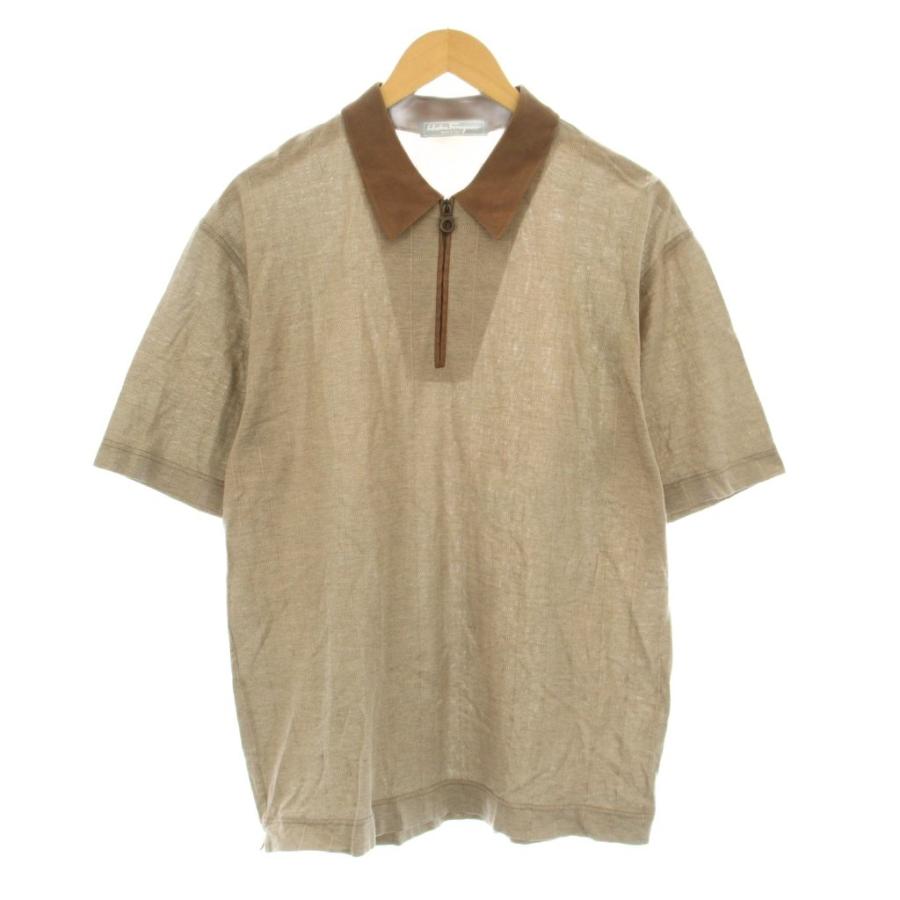 【中古】サルヴァトーレフェラガモ ガンチーニ ポロシャツ カットソー 鹿の子 半袖 ハーフジップ チェック柄 L 茶 FERRAGAMO（フェラガモ） サルヴァトーレフェラガモ ガンチーニ