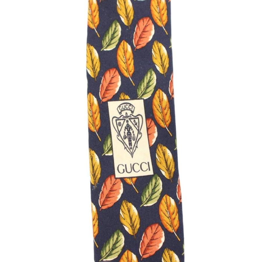 グッチ GUCCI ネクタイ レギュラータイ 葉っぱ柄 総柄 絹 シルク 紺 茶 GUCCI - グッチ GUCCI ネクタイ レギュラータイ 葉っぱ柄 総柄 絹