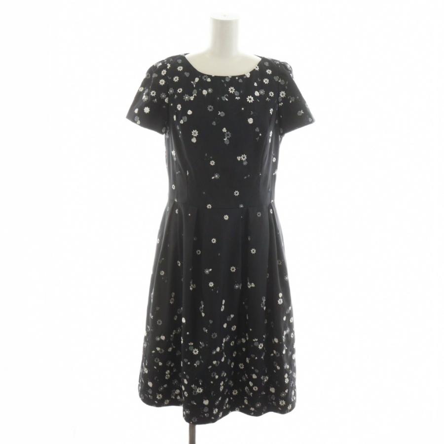 美品 エムズグレイシー 上品 リボン 刺繍 プリーツ ワンピース 黒 38サイズ エムズグレイシー M'S GRACY ワンピース ひざ丈 半袖 花柄 38 黒