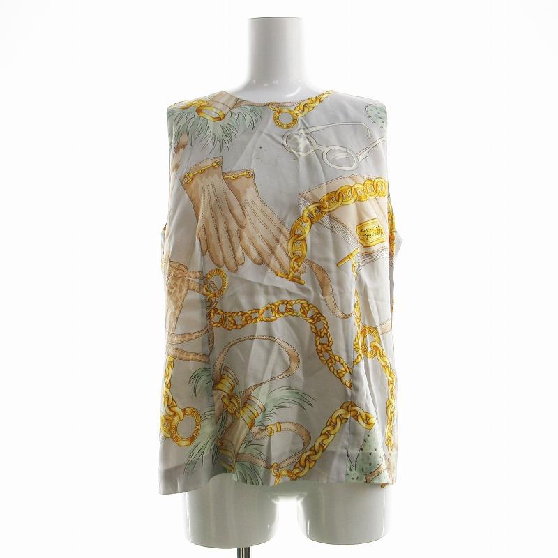 CELINE セリーヌ ブラウス ノースリーブ 総柄 絹 シルク 42 グレー /NY  