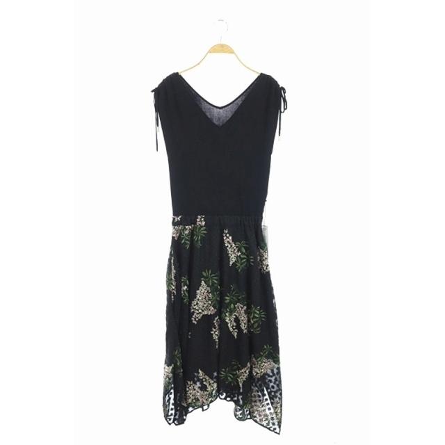 中古 未使用品 グレースコンチネンタル Grace Continental ss フラワー刺繍フレアニットワンピース ロング Vネック ラメ ノースリーブ 36 黒 ブラック 別注