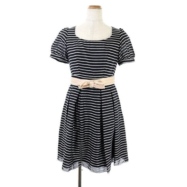 中古 レッセパッセ Laisse Passe ボーダー ワンピース 膝丈 半袖 パフスリーブ フレア タック リボンベルト付き 36 紺 ネイビー 白 Es Os レディース 170 ブランド古着販売のベクトル 通販 Yahoo ショッピング