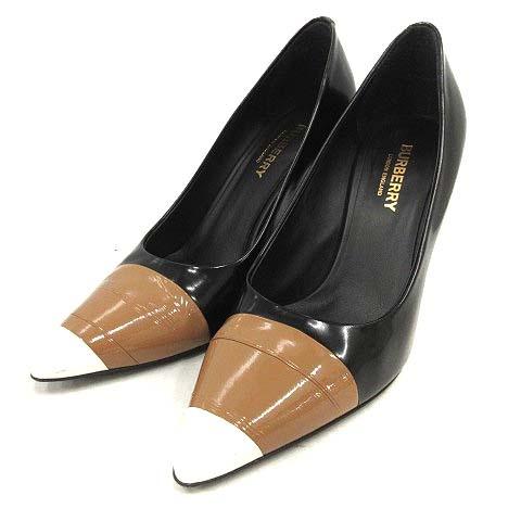 中古 バーバリー BURBERRY パンプス キャップトゥ 切替 レザー ポイン